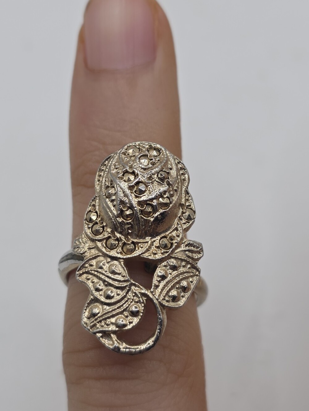 Vintage Style Marcasite Rose Flower Statement Ring Adjustable